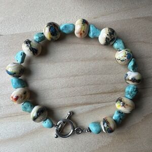 VTG Artisan Bracelet Size 7.25 Art Glass‎ Turquoise Beads 925 Sterling Silver